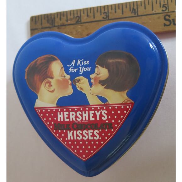 Hersheys Kisses Heart Tin Candy Vintage Retro "A Kiss for You" Red Blue Empty - Picture 9 of 9